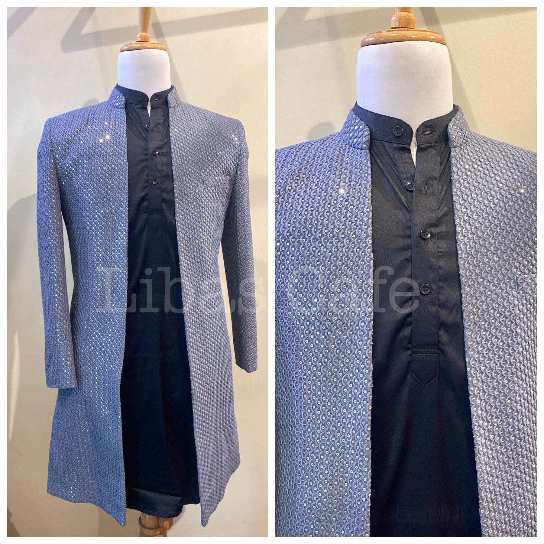 Grey Open Sherwani With Black Kurta Pant